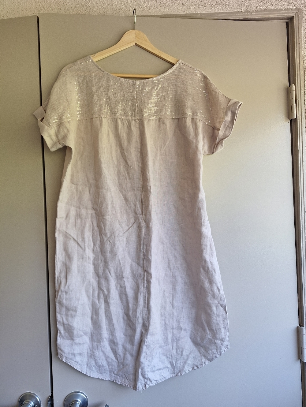 Lungo L'arno Sequin Yoke Linen Shift Dress - Sabbia - Made in Italy - S - Picture 7 of 10
